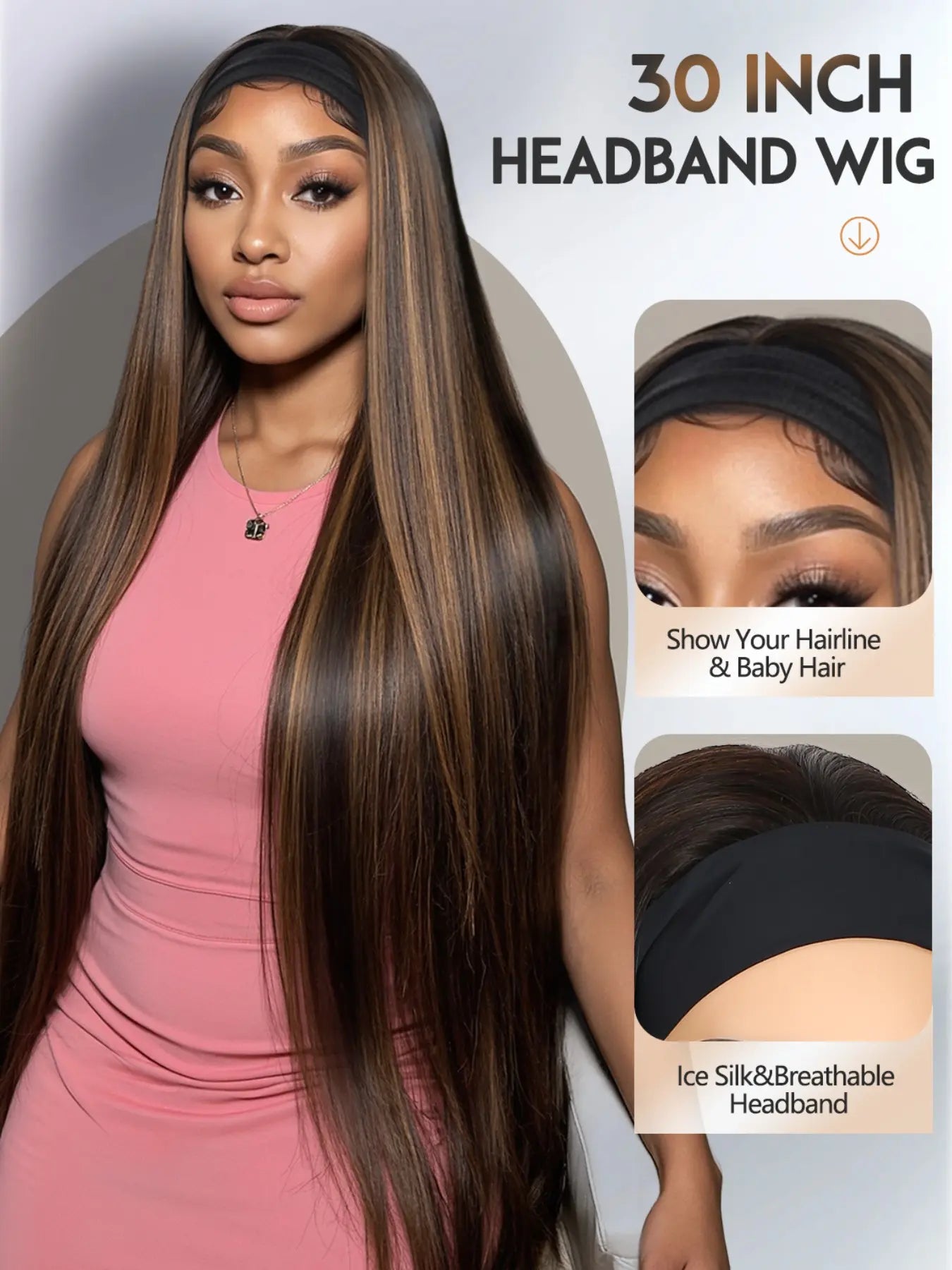 Long Straight Headband Wigs for Women, 30 Inch, Glueless Synthetic Hair, Daily Party Use, All Seasons, No Glue Wig