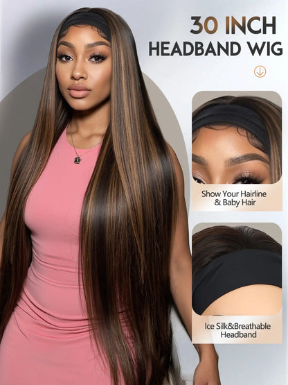 Long Straight Headband Wigs for Women, 30 Inch, Glueless Synthetic Hair, Daily Party Use, All Seasons, No Glue Wig