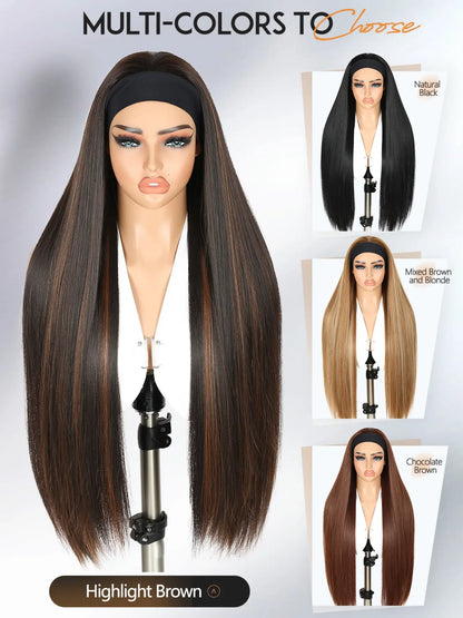 Long Straight Headband Wigs for Women, 30 Inch, Glueless Synthetic Hair, Daily Party Use, All Seasons, No Glue Wig