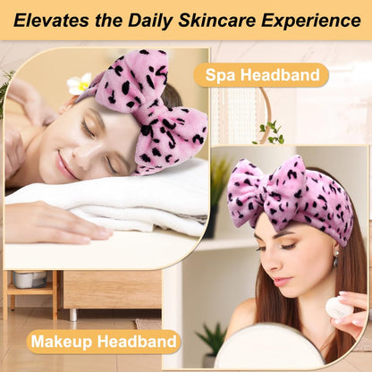 Women Fashion Lovely Soft Carol Fleece Bowknot Bow Makeup Cosmetic Shower Elastic Hair Band Hairlace Headband (Pink) | Washable Coral Fleece, Wide Elastic Hair Band, Stretches to 12.5 In, Removable Bow, Holds Hair Back for Face Masks, Shower