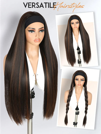 Long Straight Headband Wigs for Women, 30 Inch, Glueless Synthetic Hair, Daily Party Use, All Seasons, No Glue Wig